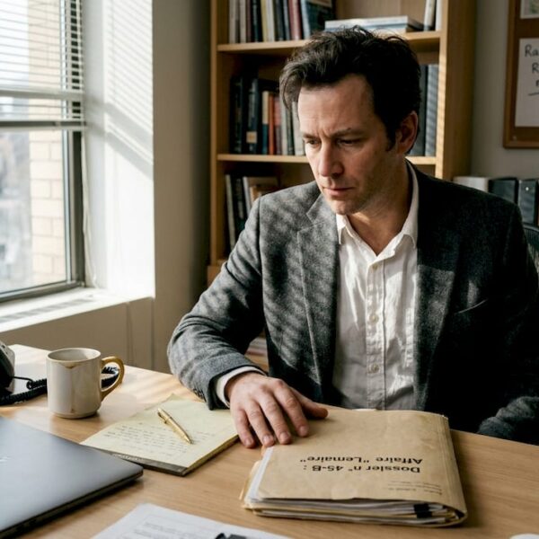 Un enquêteur plongé dans l’examen minutieux d’un dossier sur son bureau.