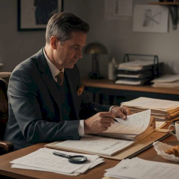 Un détective privé plongé dans l’étude d’un dossier, assis à son bureau.