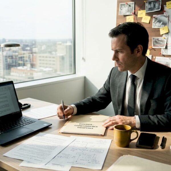 Un avocat analyse un dossier relatif à une affaire de concurrence déloyale.