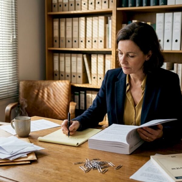 Juriste en train d’analyser des dossiers dans son bureau.