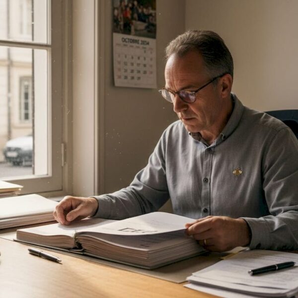 Un homme examine un dossier de contrôle d’honorabilité