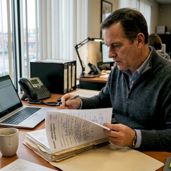 Un enquêteur en train d'analyser un dossier posé sur son bureau, concentré sur les détails.