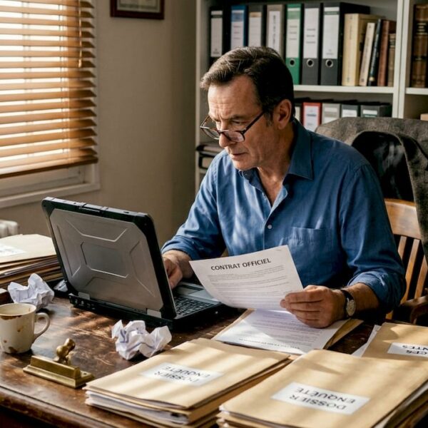 Un détective passe en revue des dossiers sur son bureau encombré, dans un petit bureau feutré.