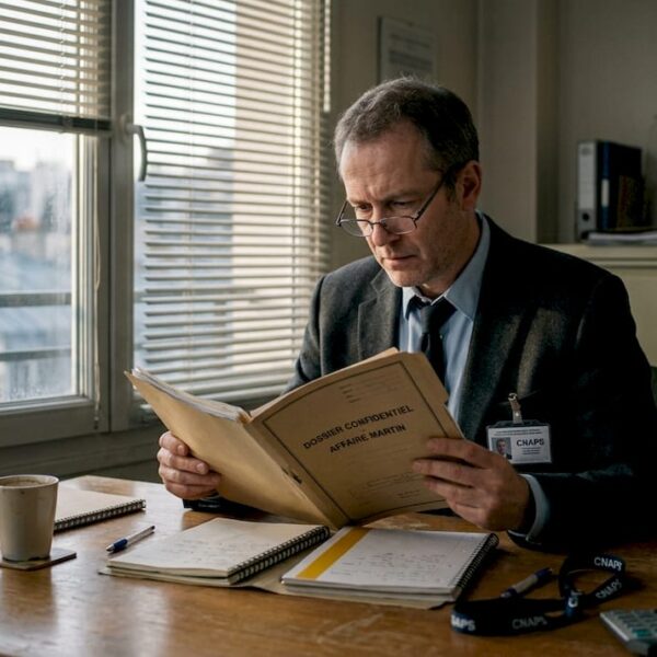 Installé à son bureau, le détective feuillette attentivement un dossier du CNAPS.