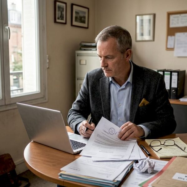 Un enquêteur passe en revue des dossiers juridiques posés sur son bureau.