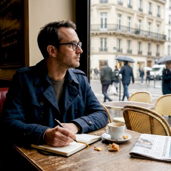 Installé à la terrasse d’un café parisien, le détective observe attentivement les passants dans la rue.