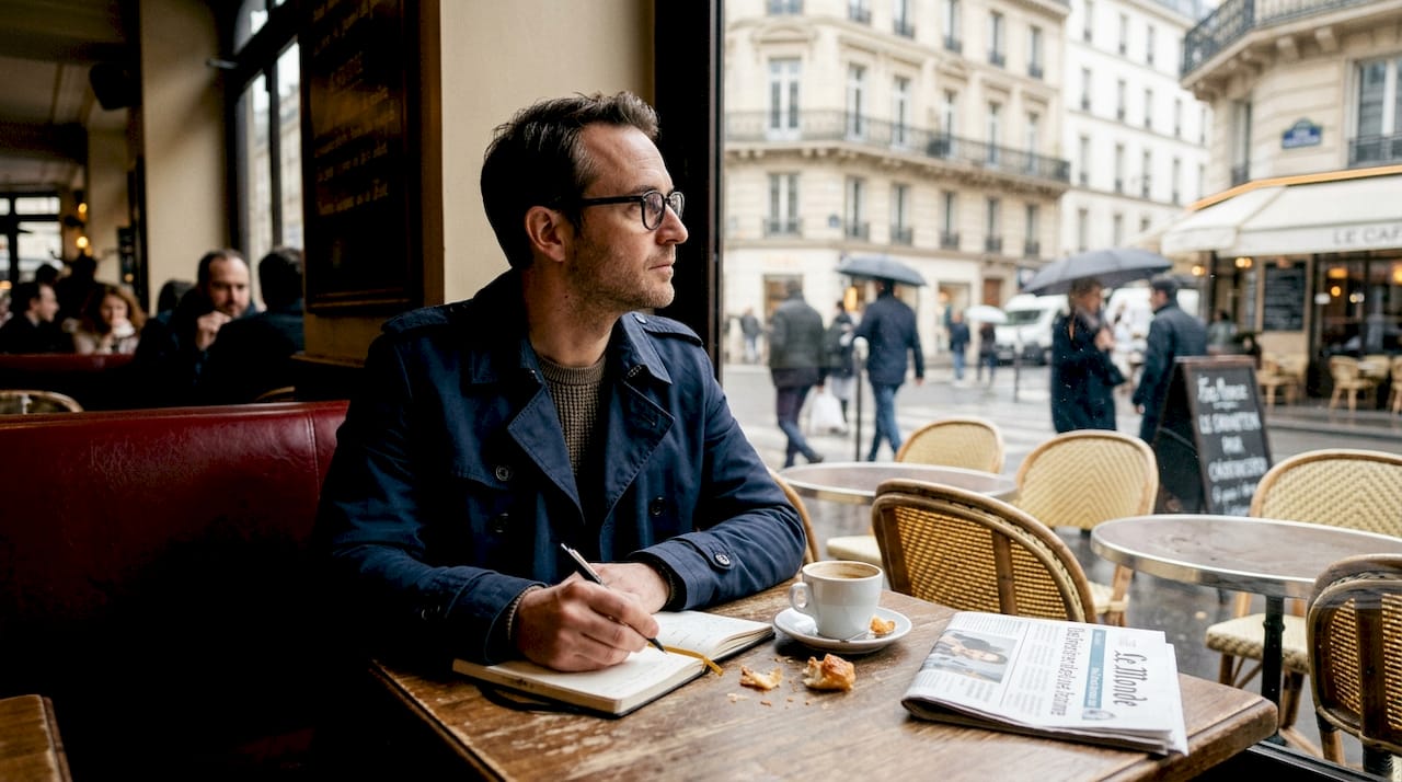 Installé à la terrasse d’un café parisien, le détective observe attentivement les passants dans la rue.