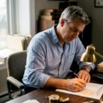 Un détective assis à son bureau, en train de consigner minutieusement les détails de son enquête.