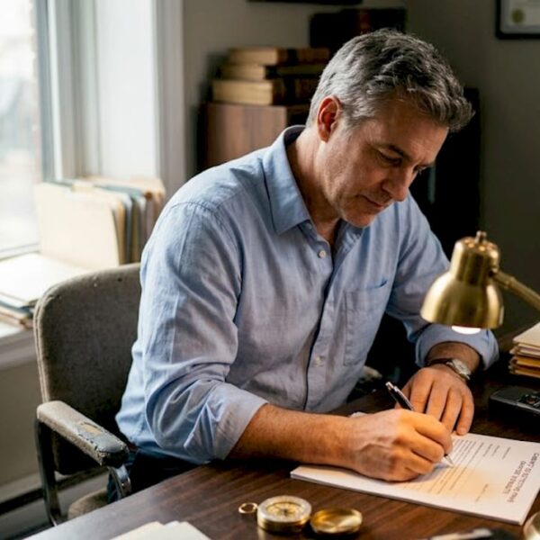 Un détective assis à son bureau, en train de consigner minutieusement les détails de son enquête.