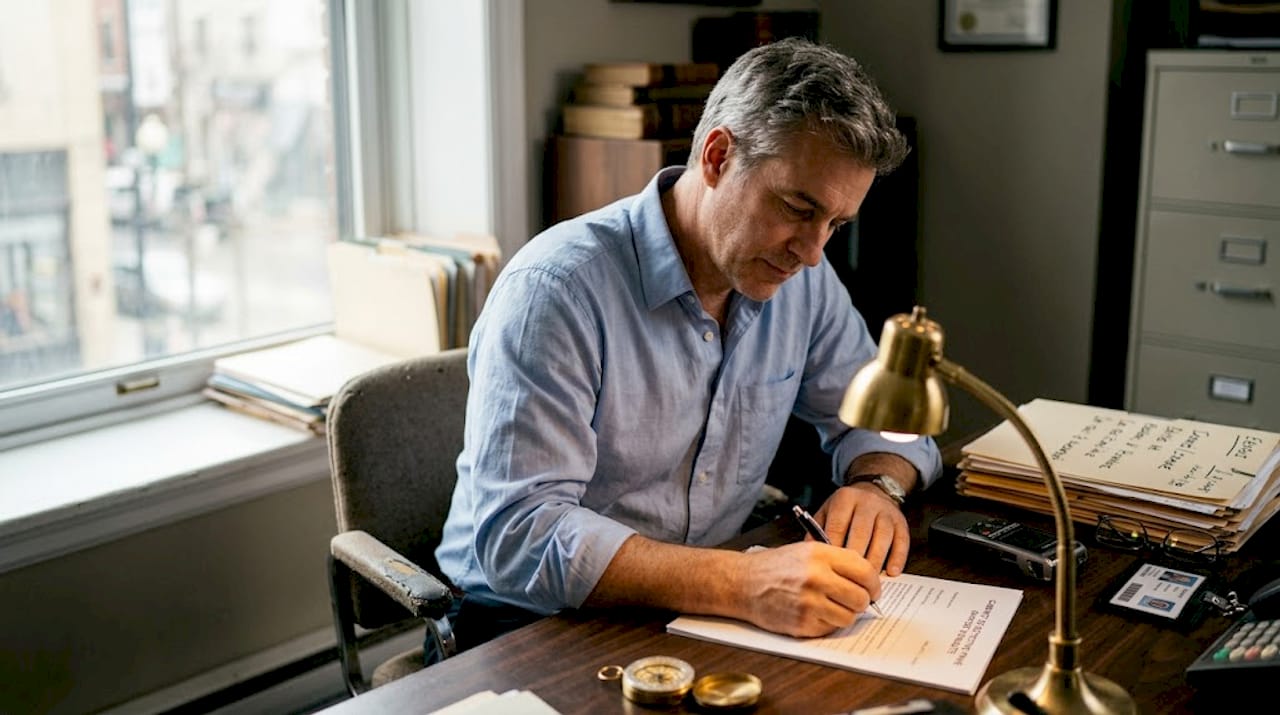 Un détective assis à son bureau, en train de consigner minutieusement les détails de son enquête.