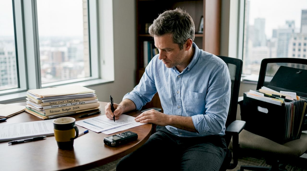 Dans le calme de son bureau, le détective épluche minutieusement un dossier, à la recherche du moindre indice.
