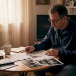 Un détective privé passe en revue des dossiers chez lui, plongé dans ses investigations jusque tard dans la soirée.