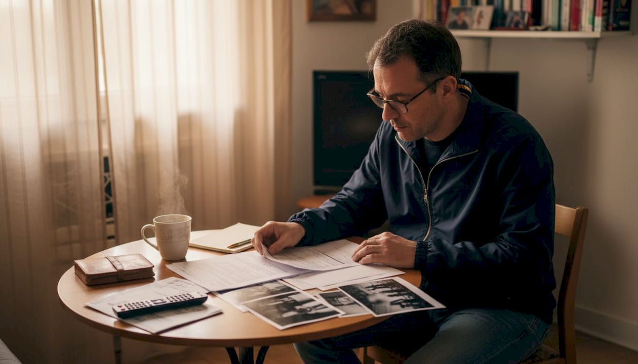 Un détective privé passe en revue des dossiers chez lui, plongé dans ses investigations jusque tard dans la soirée.