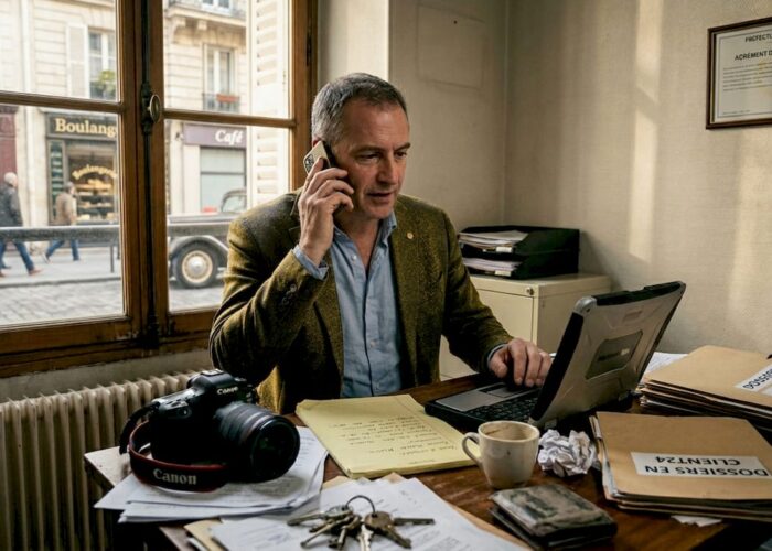 Un détective plongé dans ses dossiers, assis à son bureau encombré au cœur d’un vieux commissariat parisien.