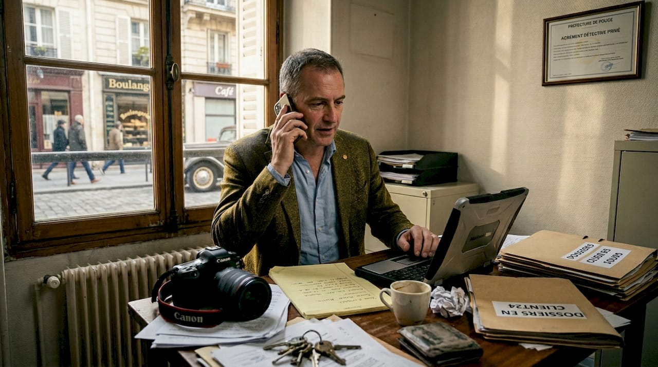 Un détective plongé dans ses dossiers, assis à son bureau encombré au cœur d’un vieux commissariat parisien.