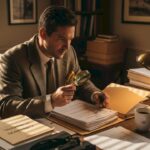 Un détective privé passe en revue un dossier sur son bureau, scrutant chaque document à la recherche d’indices.