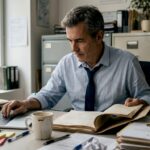 Un détective privé en pleine analyse de dossiers sur son bureau.