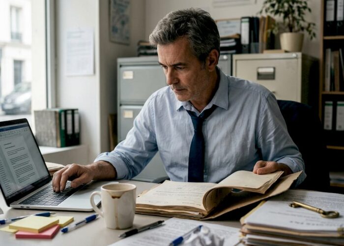 Un détective privé en pleine analyse de dossiers sur son bureau.