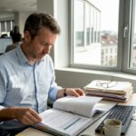 Un collaborateur en train d’étudier des dossiers sur son bureau au sein de l’entreprise.