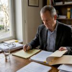 Consultant spécialisé en pleine analyse de dossiers juridiques dans son bureau.