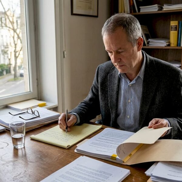 Consultant spécialisé en pleine analyse de dossiers juridiques dans son bureau.
