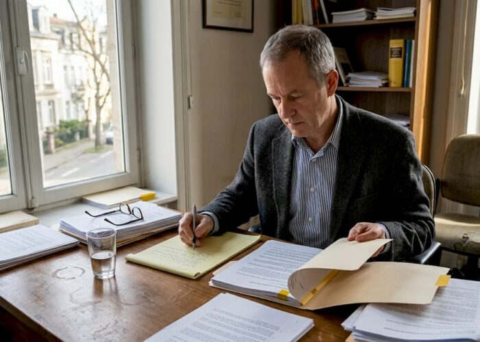 Consultant spécialisé en pleine analyse de dossiers juridiques dans son bureau.