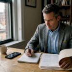 Un détective privé en pleine analyse de dossiers dans son bureau.