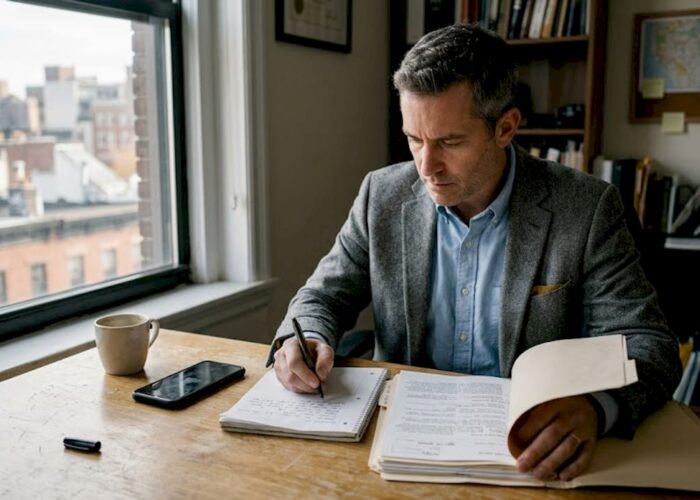 Un détective privé en pleine analyse de dossiers dans son bureau.