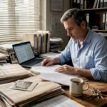 Dans son bureau, un détective privé passe en revue des dossiers confidentiels, à la recherche du moindre indice.