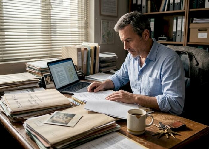 Dans son bureau, un détective privé passe en revue des dossiers confidentiels, à la recherche du moindre indice.