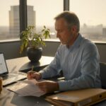 Un enquêteur en train d’examiner minutieusement des dossiers à son bureau.