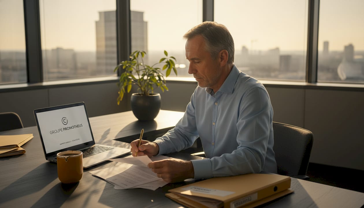 Un enquêteur en train d’examiner minutieusement des dossiers à son bureau.