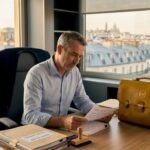 Enquêteur juridique en train d’examiner des dossiers dans un bureau parisien