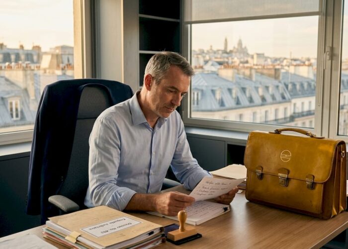 Enquêteur juridique en train d’examiner des dossiers dans un bureau parisien