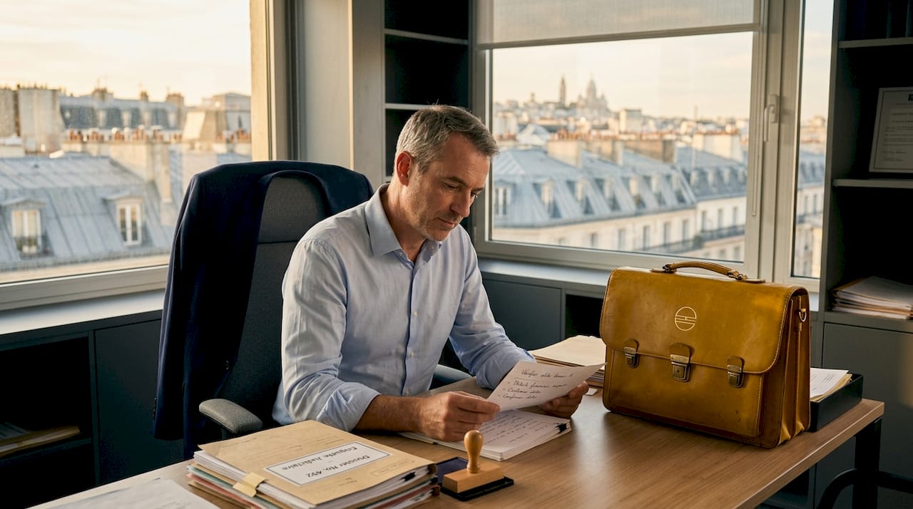 Enquêteur juridique en train d’examiner des dossiers dans un bureau parisien
