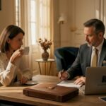 Un détective se rend chez un client pour examiner ensemble des documents importants.