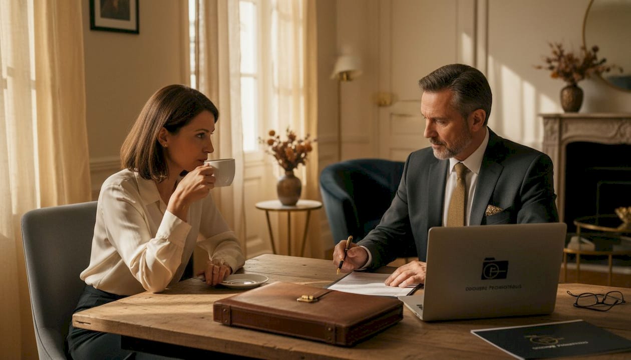 Un détective se rend chez un client pour examiner ensemble des documents importants.