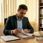 Un détective en pleine séance de tri de dossiers juridiques, installé à son bureau.