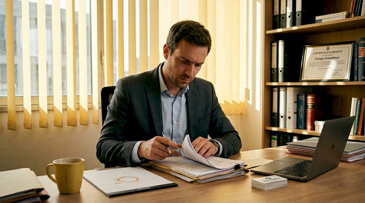 Un détective en pleine séance de tri de dossiers juridiques, installé à son bureau.