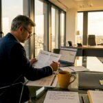 Dans un bureau baigné de lumière, le responsable RH vérifie que toutes les procédures sont conformes aux normes en vigueur.