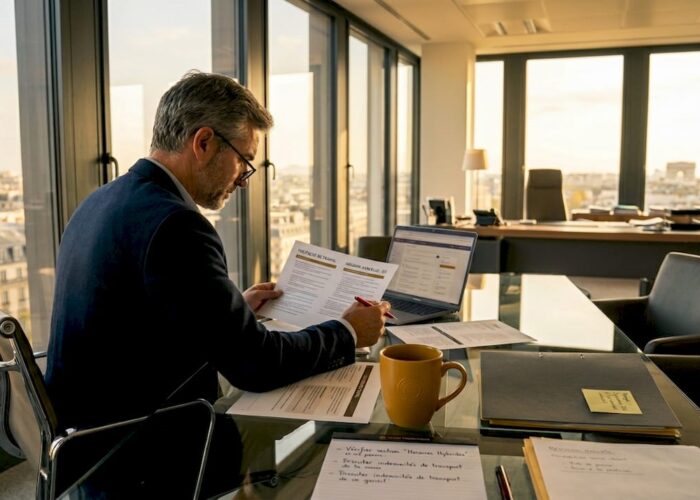 Dans un bureau baigné de lumière, le responsable RH vérifie que toutes les procédures sont conformes aux normes en vigueur.