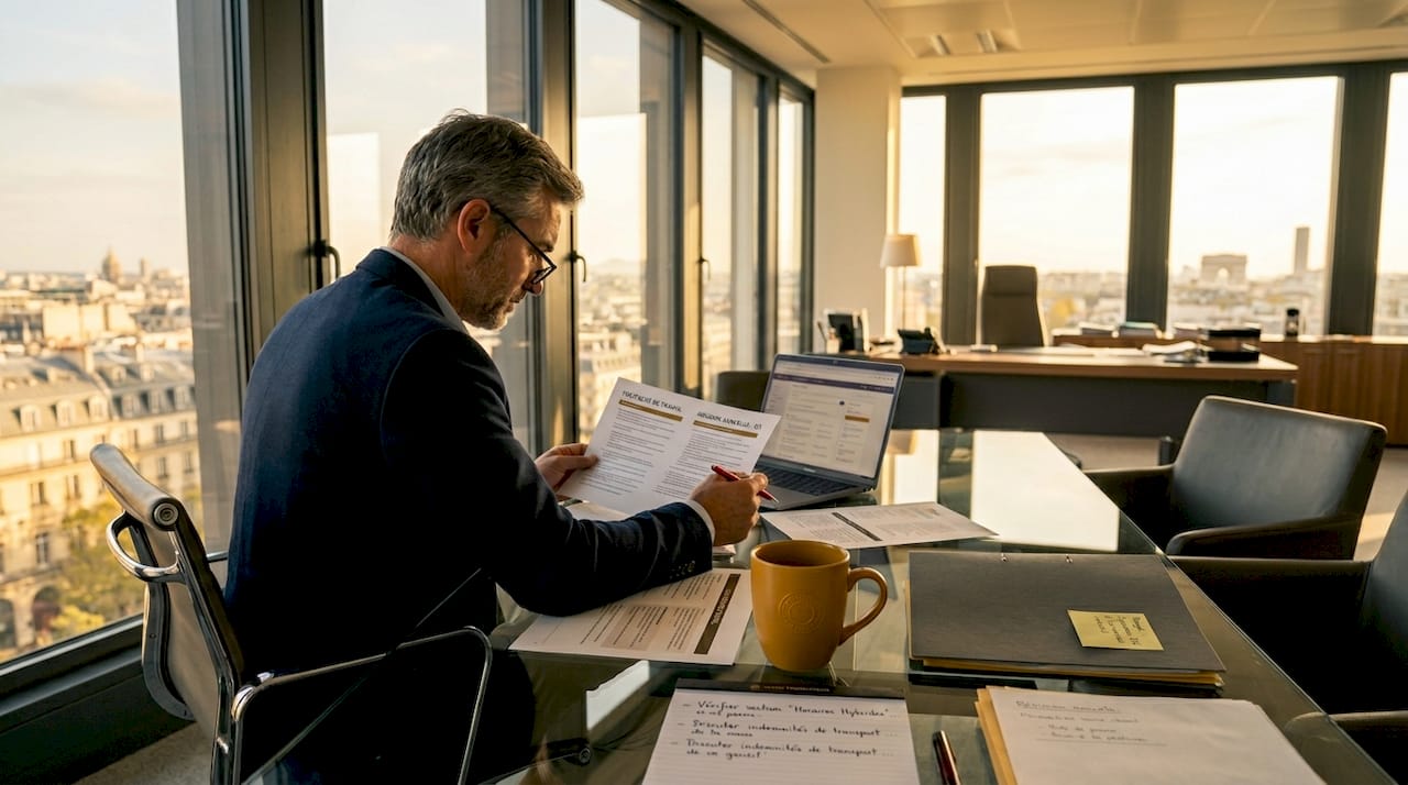 Dans un bureau baigné de lumière, le responsable RH vérifie que toutes les procédures sont conformes aux normes en vigueur.