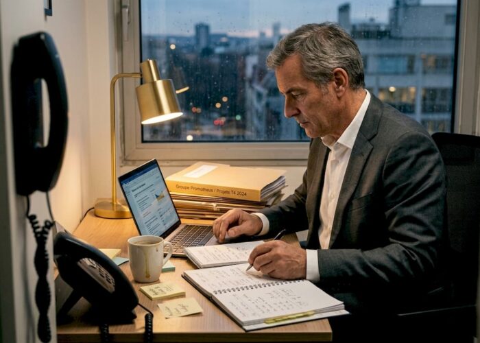 Dans la pénombre de son bureau, un détective privé s’affaire, entouré de dossiers confidentiels et plongé dans ses réflexions.