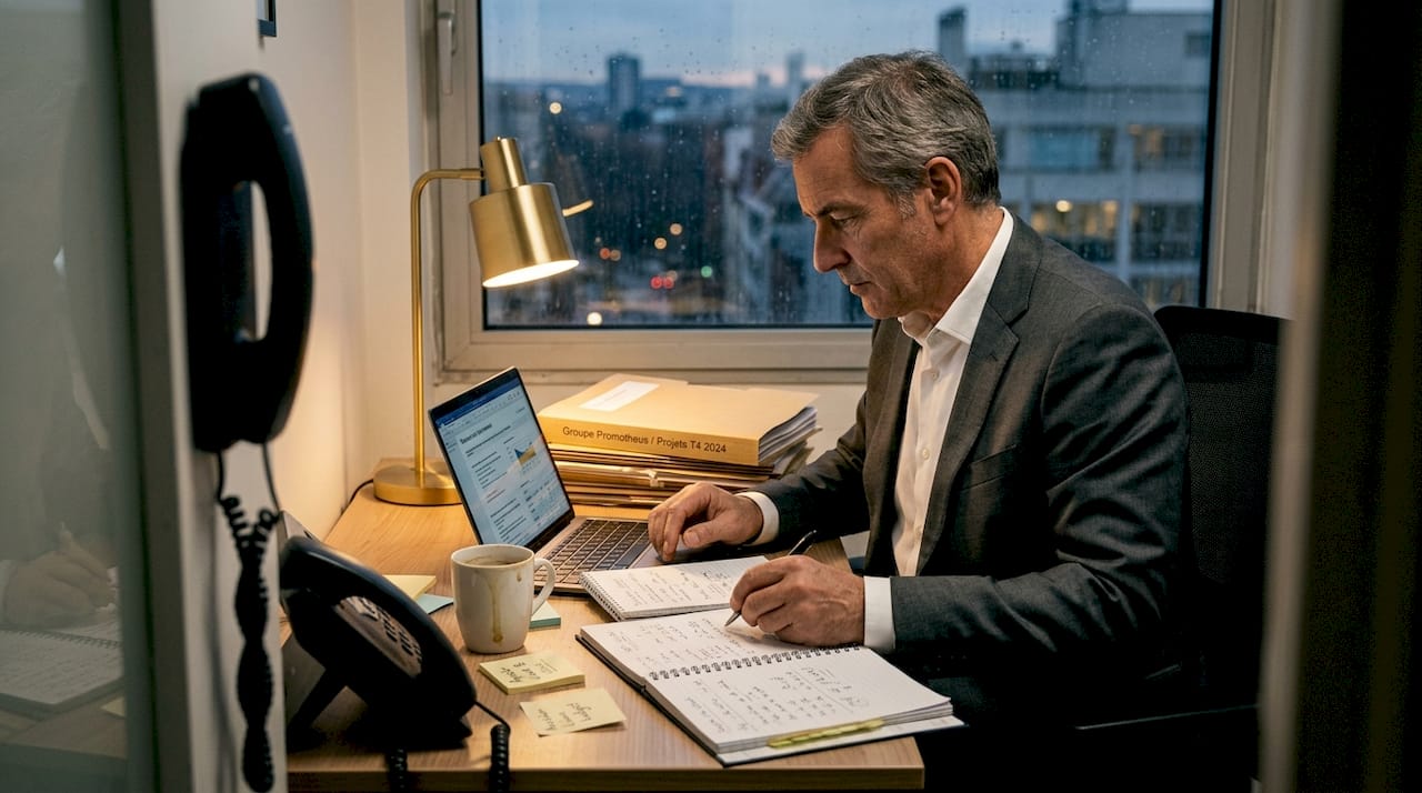 Dans la pénombre de son bureau, un détective privé s’affaire, entouré de dossiers confidentiels et plongé dans ses réflexions.