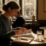Une femme trie soigneusement ses papiers administratifs sur la table de la salle à manger.