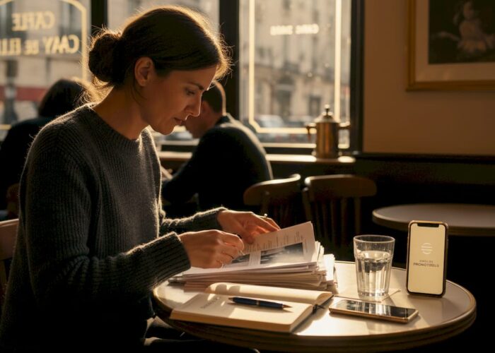 Une femme trie soigneusement ses papiers administratifs sur la table de la salle à manger.