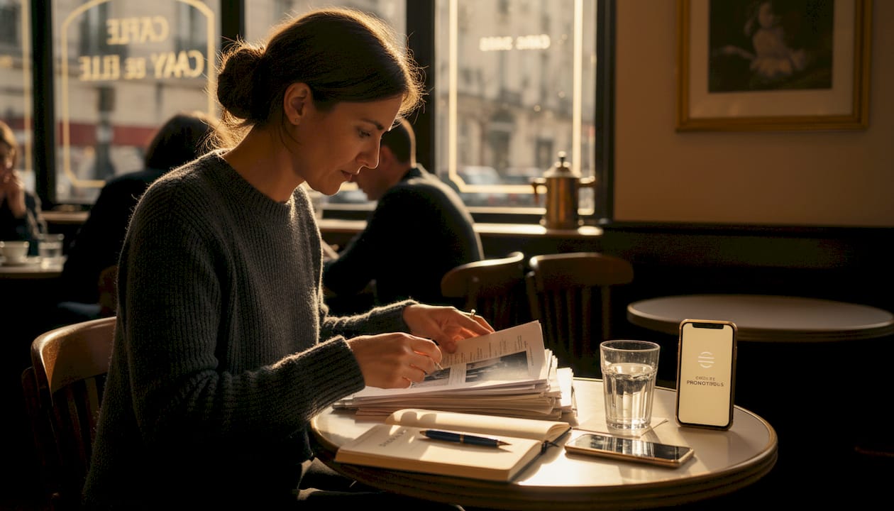 Une femme trie soigneusement ses papiers administratifs sur la table de la salle à manger.