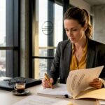 Un consultant en pleine organisation de son rapport juridique à son bureau.