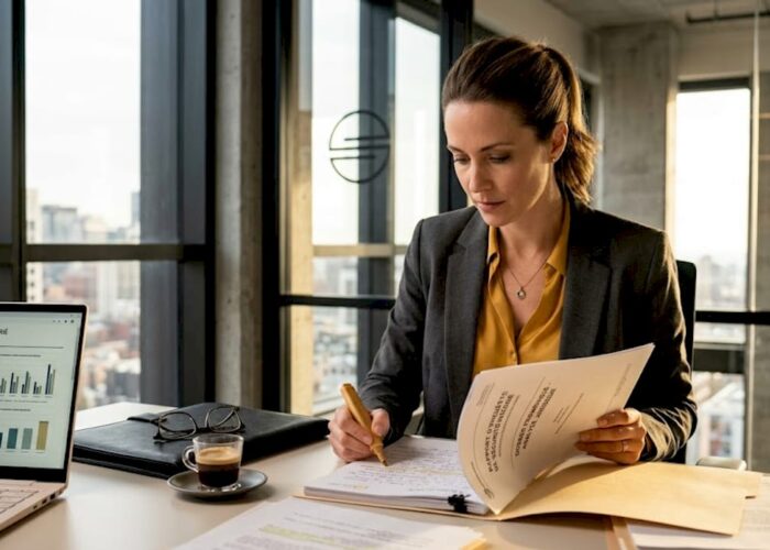 Un consultant en pleine organisation de son rapport juridique à son bureau.