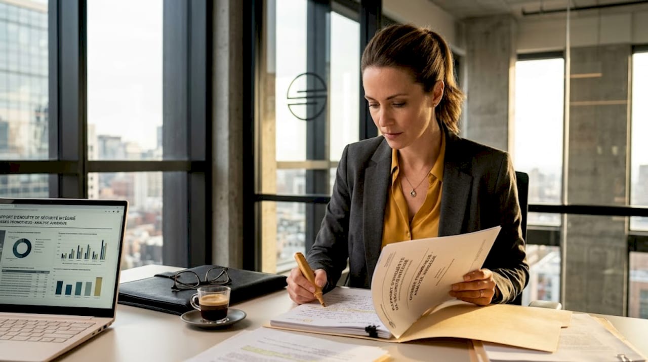 Un consultant en pleine organisation de son rapport juridique à son bureau.